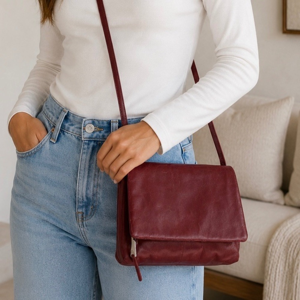 Hobo Fern Crossbody Bag Dark Red Glazed Vintage Leather Wallet Purse